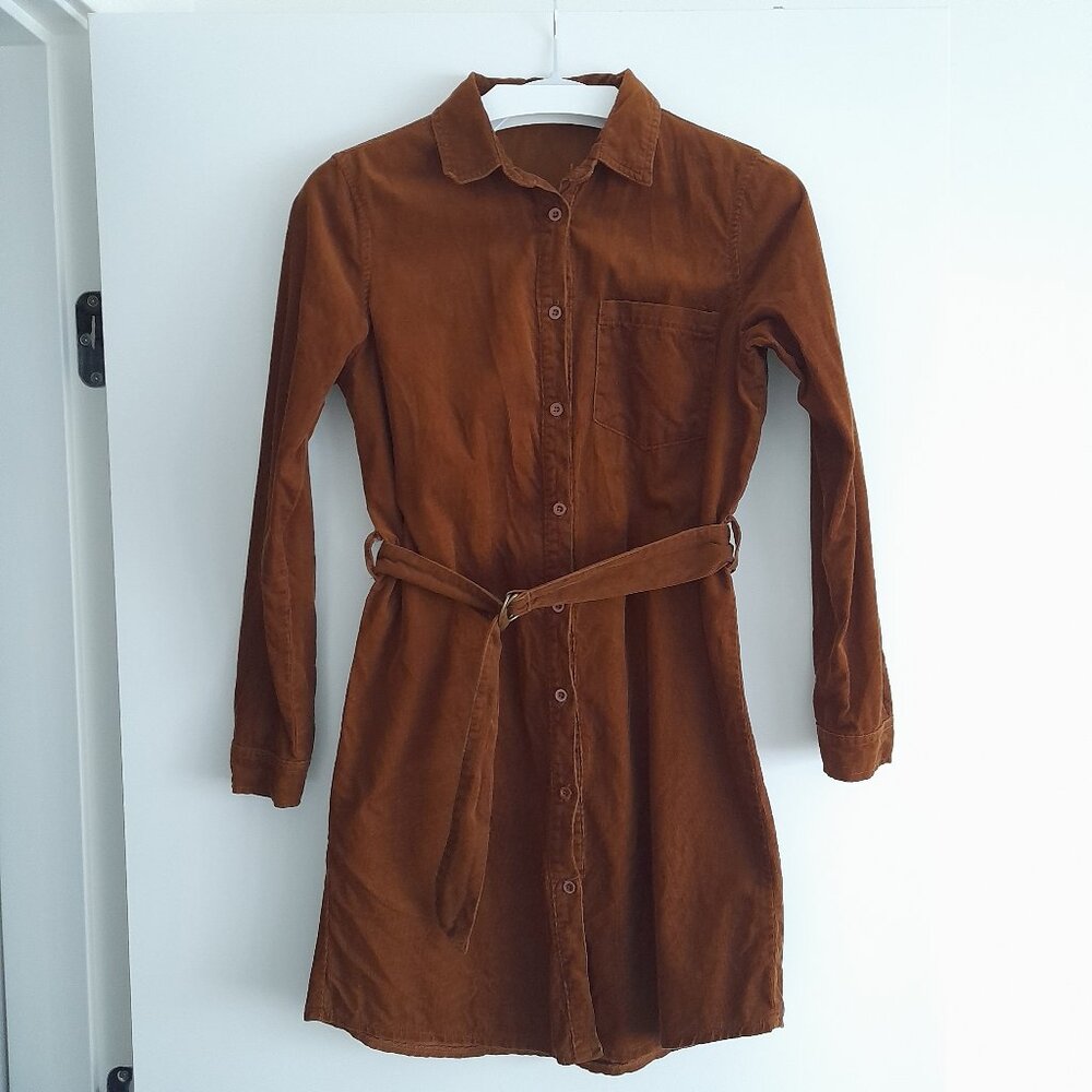 UK XS Brown belted corduroy mini shirt dress